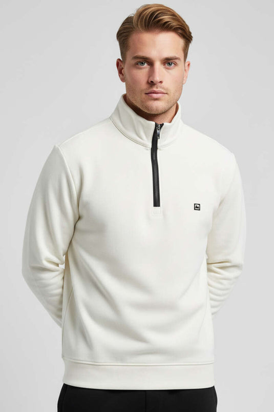 Dik Yaka Yarım Fermuar Sweatshirt Ekru