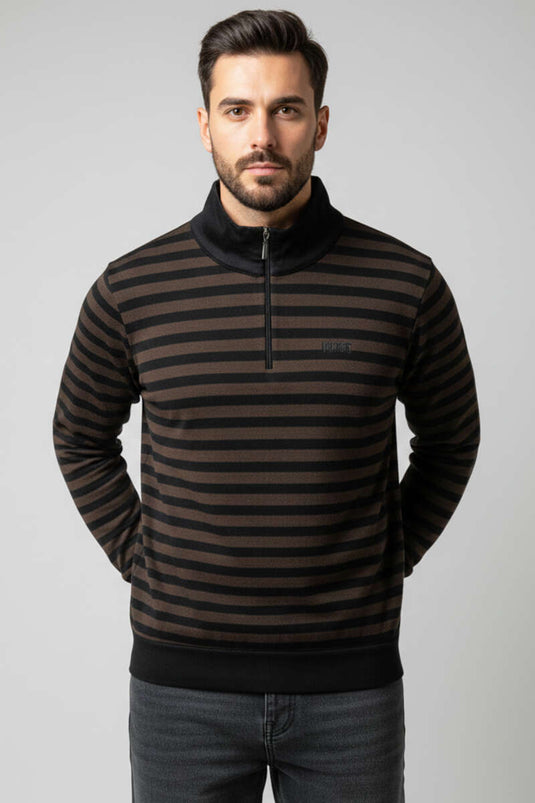 سويت شيرت رجالي مخطط أفقيًا بياقة واقفة، بني