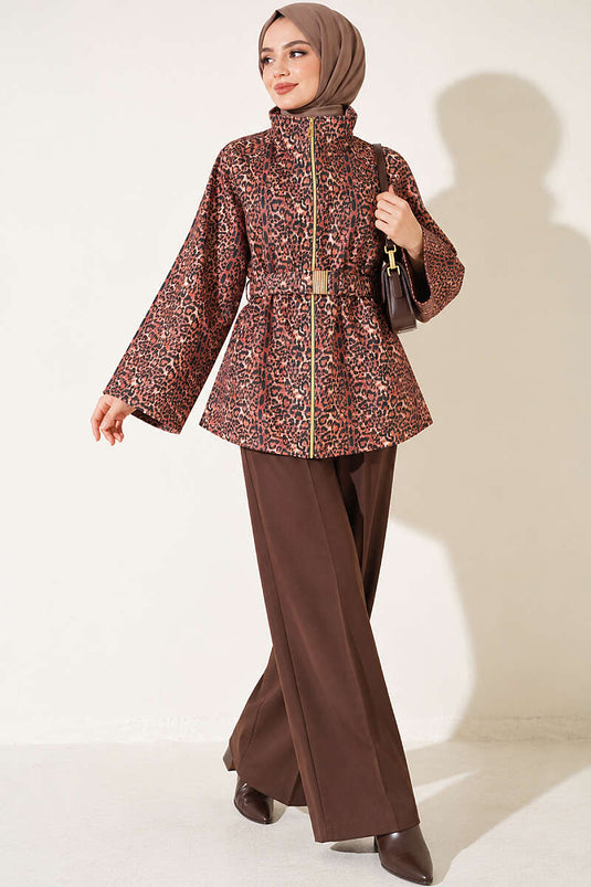 Giacca Scuba Leopard Con Colletto Alto E Cintura
