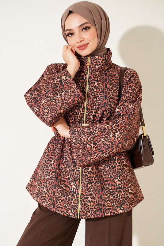 Giacca Scuba Leopard Con Colletto Alto E Cintura