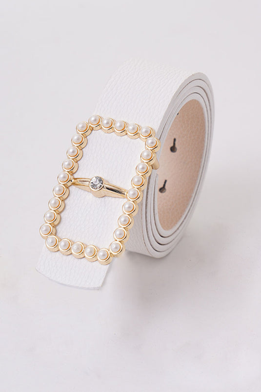 حزام أبيض بمشبك لؤلؤي مستطيل