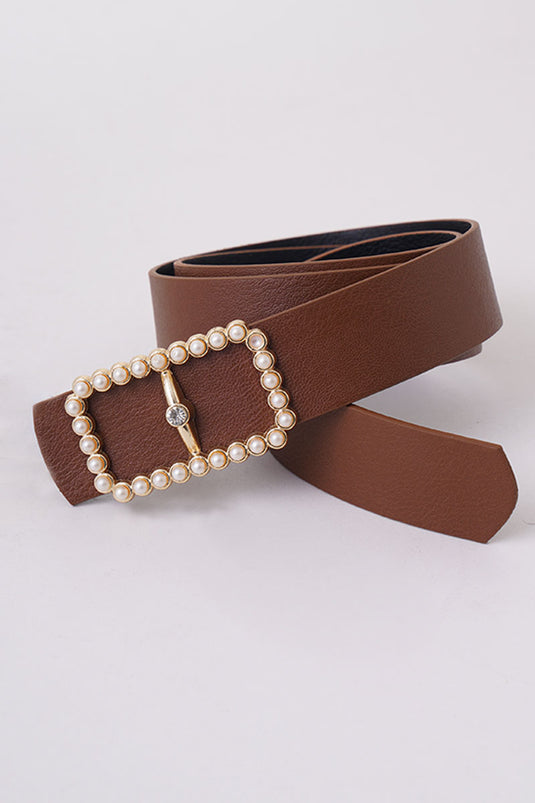 Rectangular Pearl Buckle Tan Belt
