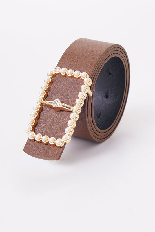 Rectangular Pearl Buckle Tan Belt