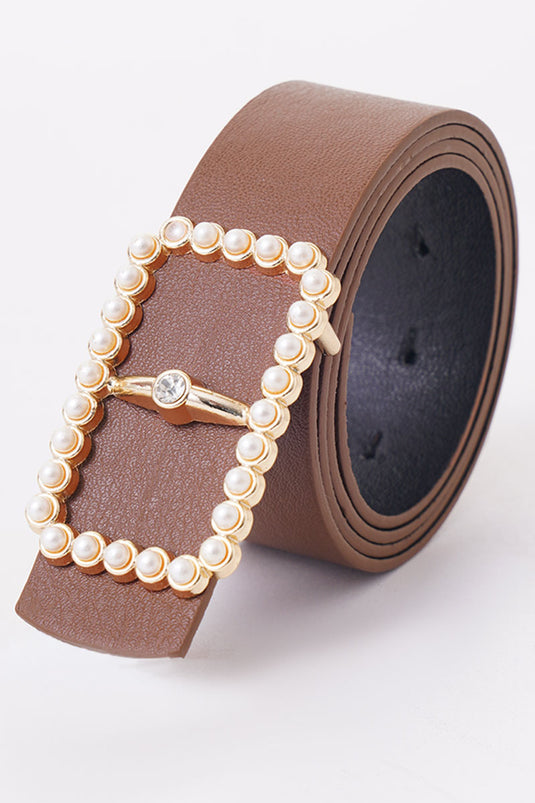 Rectangular Pearl Buckle Tan Belt