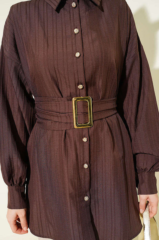 Camicia a righe con fibbia rettangolare color caffè