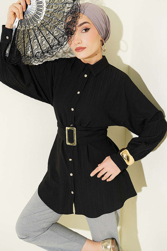 Rectangular Buckle Striped Shirt Black