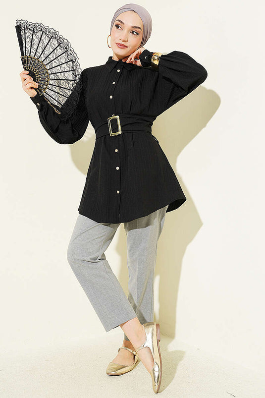 Rectangular Buckle Striped Shirt Black