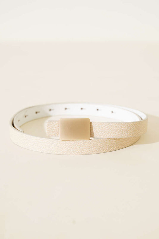 Rectangular Thin Belt with Metal Buckle, Beige