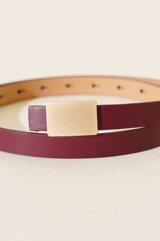 Rectangular Thin Belt with Metal Buckle, Burgundy