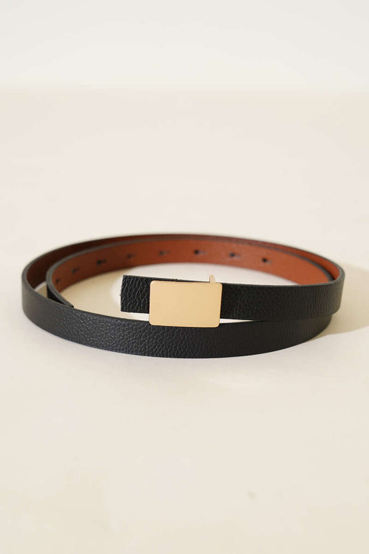Ceinture Noire Fine À Boucle Métallique Rectangulaire