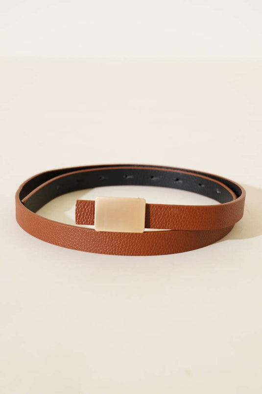 Rectangular Thin Belt with Metal Buckle, Tan