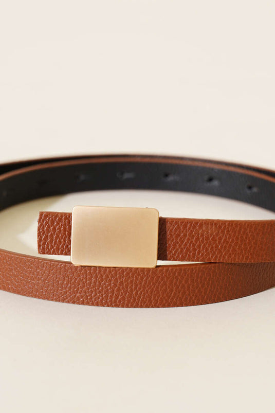Rectangular Thin Belt with Metal Buckle, Tan