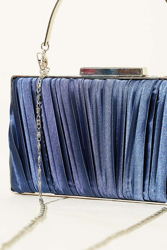 Sac de soirée plissé en satin rectangulaire bleu marine