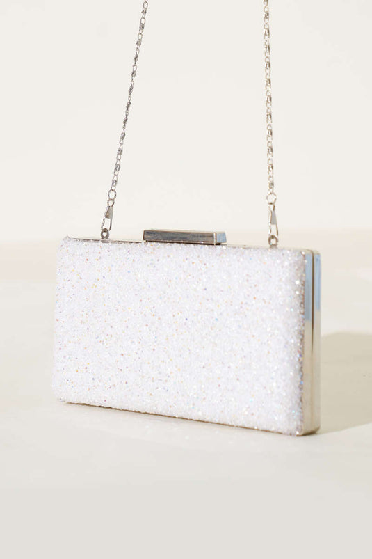Rectangular Embellished Evening Bag, White