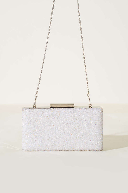 Rectangular Embellished Evening Bag, White