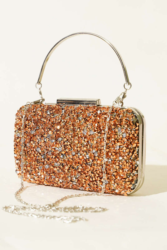 Dikdörtgen Taşlı Kulplu Abiye Çanta Bakır