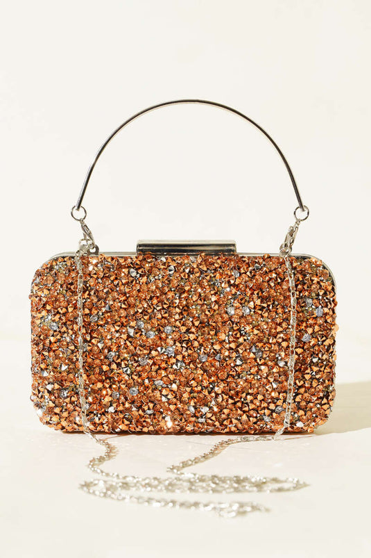 Rectangular Stone Embellished Evening Bag with Handles, Copper