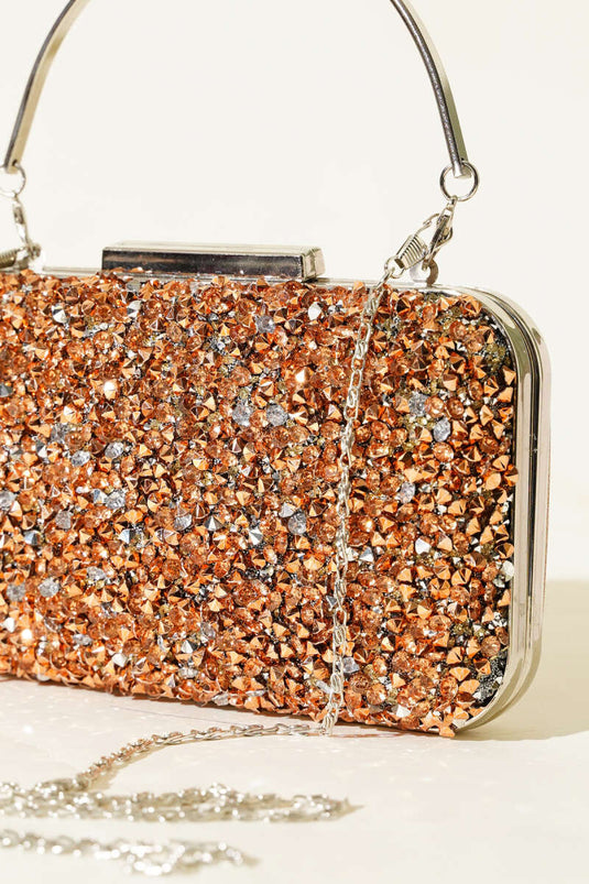 Rectangular Stone Embellished Evening Bag with Handles, Copper