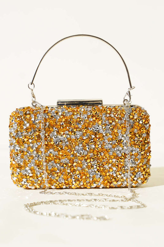 Rectangular Embellished Dress Bag with Handles, Yellow