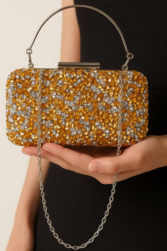 حقيبة فستان مستطيلة مزينة بمقابض، لون أصفر