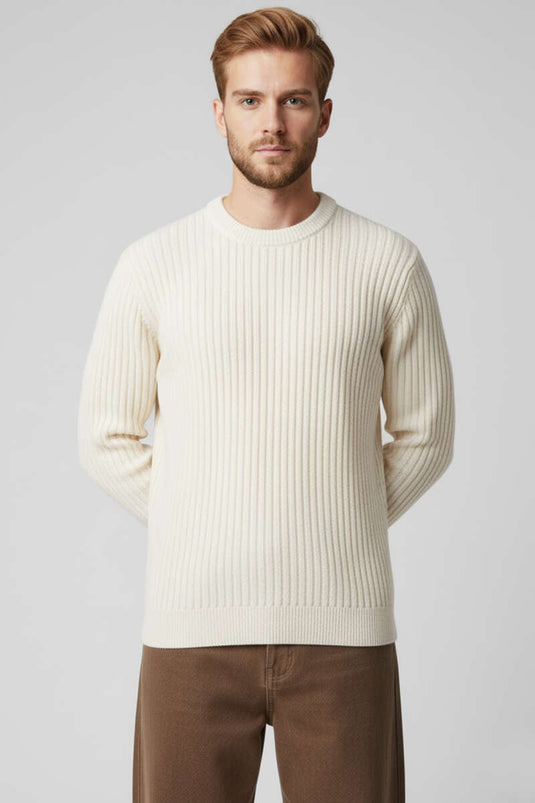 Herren-Strickpullover mit vertikalen Rippenstreifen, Beige