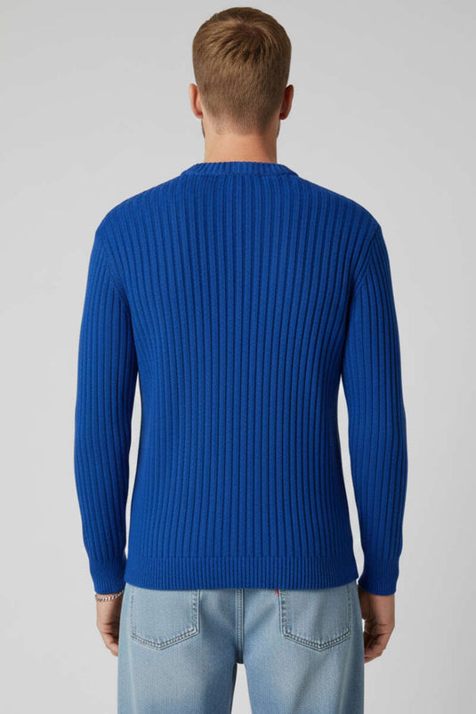 كنزة رجالية محبوكة بخطوط رأسية بلون أزرق داكن