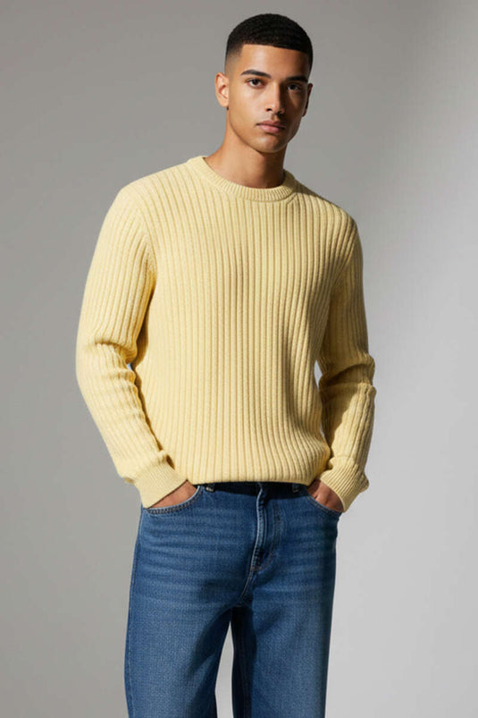 Vertical Ribbed Men's Knitted Sweater Yellow