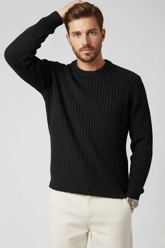 Pull en maille côtelée à rayures verticales pour homme, noir