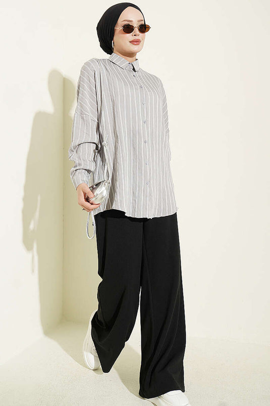 Camicia Basic A Righe Verticali Grigia