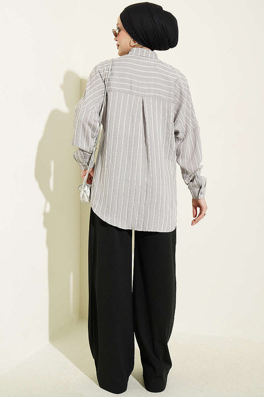 Camicia Basic A Righe Verticali Grigia