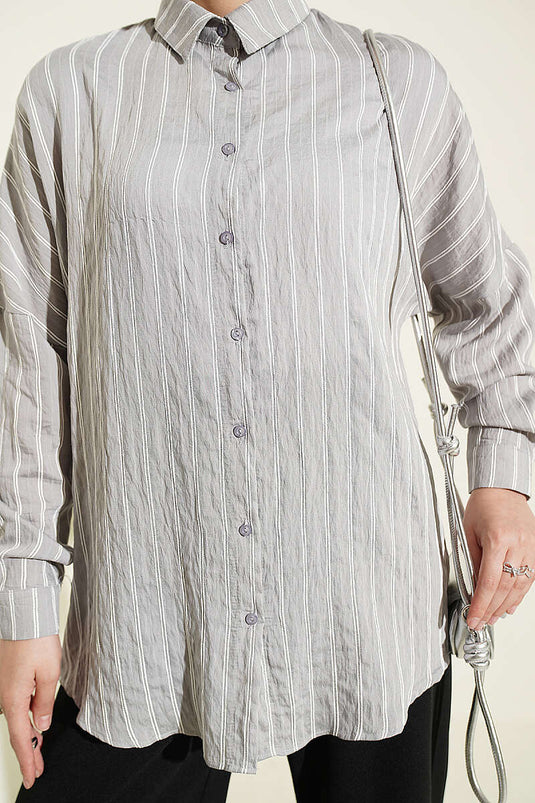 Camicia Basic A Righe Verticali Grigia