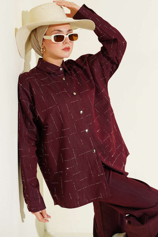 Vertical Mini Stone-Embellished Two-Piece Set Burgundy