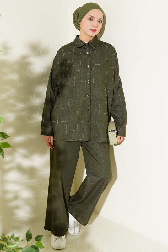 Vertical Mini Beaded Two-Piece Set Khaki