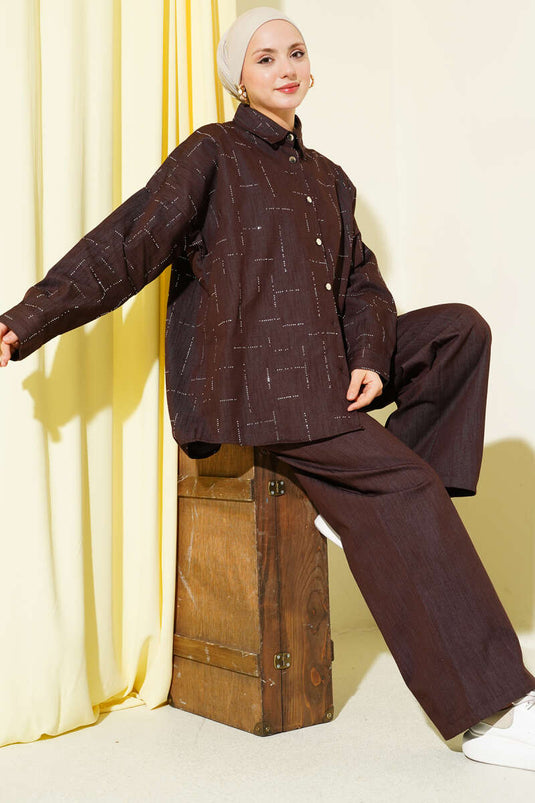 Vertical Mini Stone-Embellished Two-Piece Set Brown