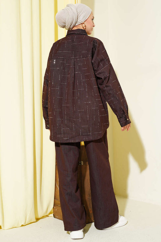 Vertical Mini Stone-Embellished Two-Piece Set Brown