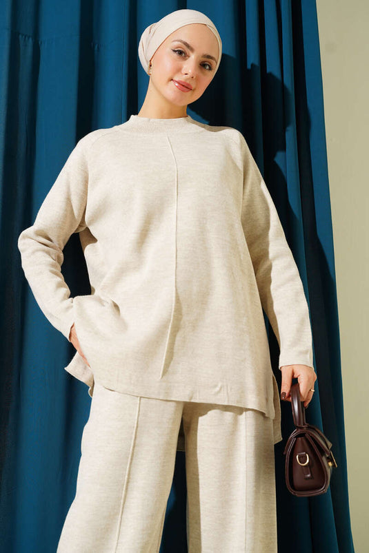 Ensemble deux pièces basique en maille avec détails de surpiqûres, beige