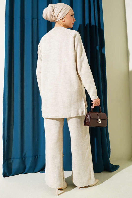 Ensemble deux pièces basique en maille avec détails de surpiqûres, beige