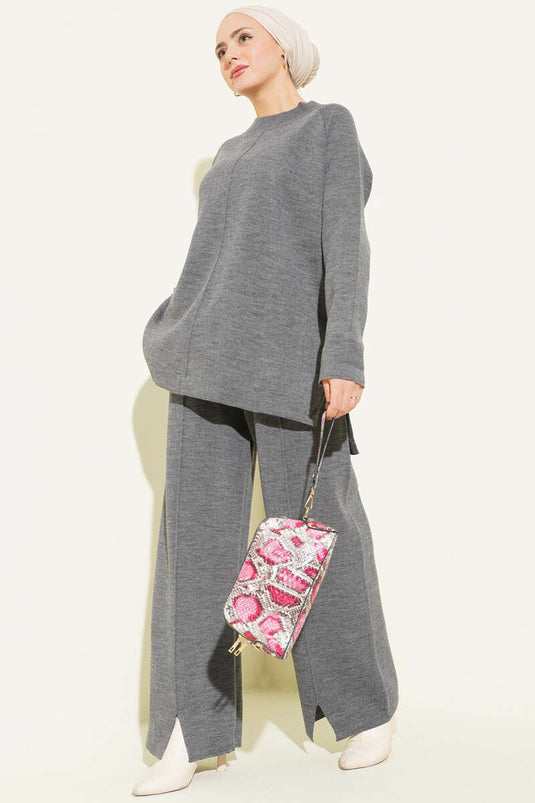 Basic Knitwear Set with Stitching Details, Two-Piece, Smoky Gray