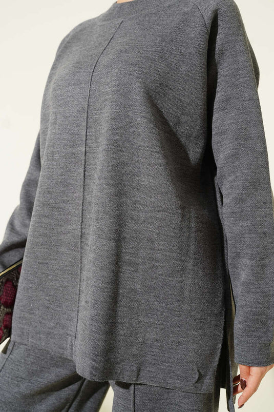 Basic Knitwear Set with Stitching Details, Two-Piece, Smoky Gray