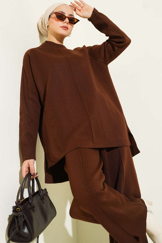 Ensemble deux pièces basique en maille avec détails de surpiqûres, marron café