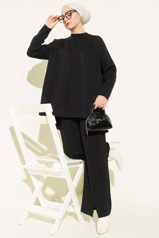 Dikiş Detaylı Basic Triko İkili Takım Siyah