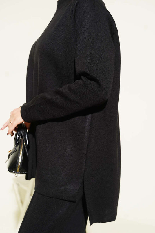 Dikiş Detaylı Basic Triko İkili Takım Siyah