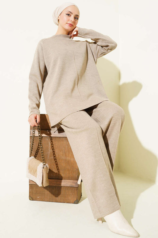 Dikiş Detaylı Basic Triko İkili Takım Vizon