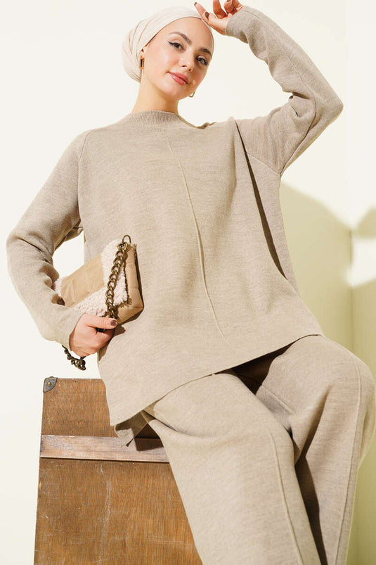 Ensemble deux pièces basique en maille avec détails de surpiqûres, couleur vison