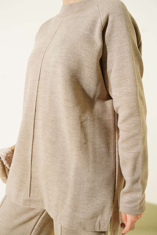 Dikiş Detaylı Basic Triko İkili Takım Vizon