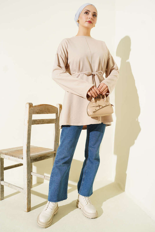 Tunique à double manche avec détails de surpiqûres, beige