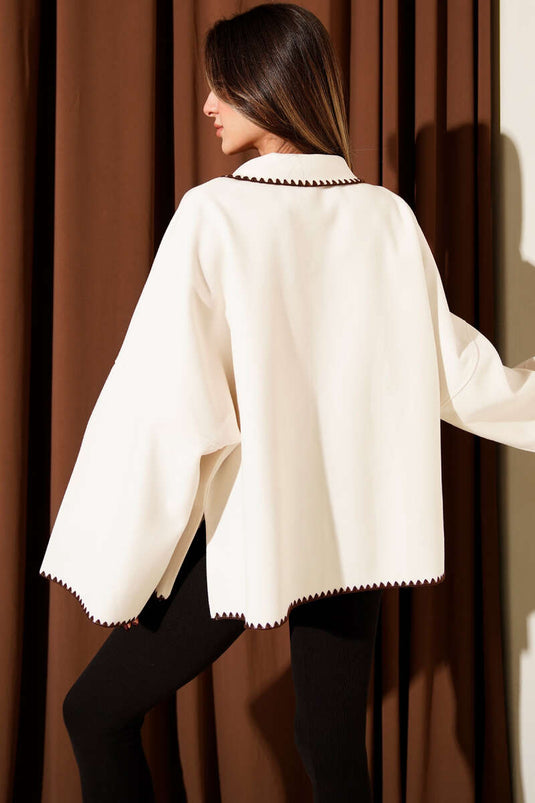 Knopjesponcho van kasjmier met stikseldetails, beige