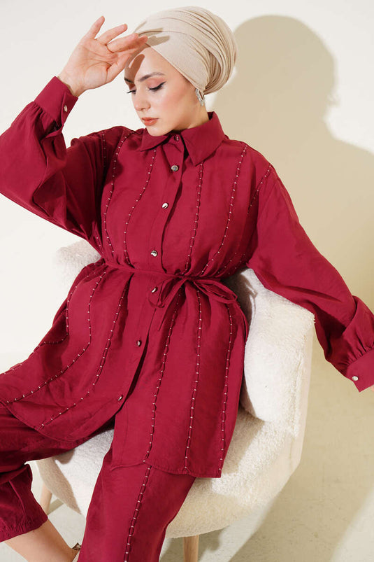 Seam Detailed Rope Belted Two Piece Suit Claret Red