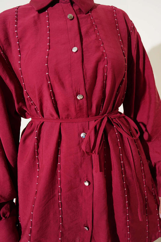 Seam Detailed Rope Belted Two Piece Suit Claret Red