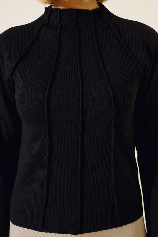 Dikiş Detaylı Kısa Bluz Siyah